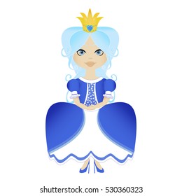 Vector illustration of a snow princess queen in blue dress and crown. Cute cartoon snow queen