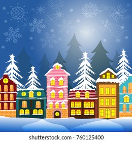 Vector and illustration of snow town concept, cute village buildings in snow with christmas tree forest and snowflake on blue sky background