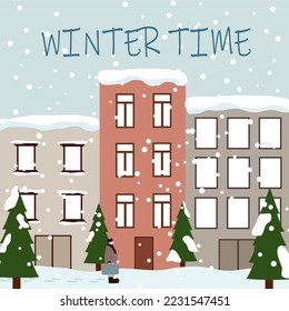 Vector illustration of a snow town during the day and a person walking in the falling snow.Cute winter postcard design, winter templates, winter themes