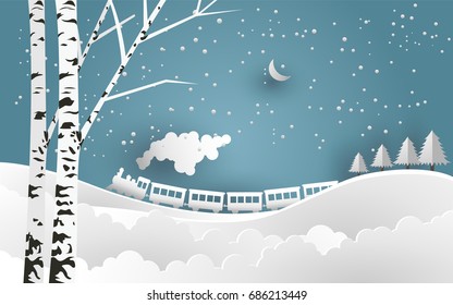 vector illustration of snow. train in snow fall. paper art style