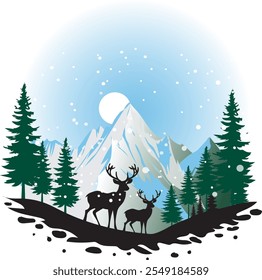 Vector illustration of snow view and winter animal life.