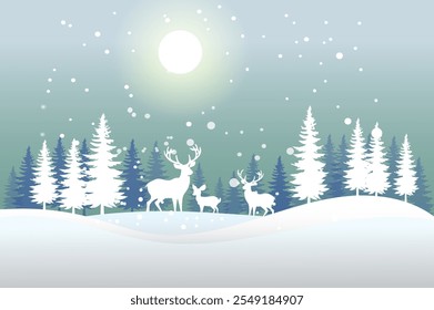 Vector illustration of snow view and winter animal life.