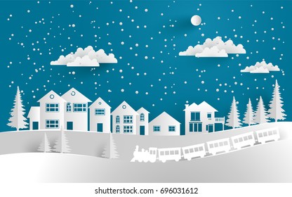 Vector Illustration Of Snow In Winter. The House And Train In Winter Is Covered With Snow. Paper Art Design