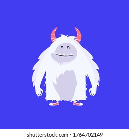 Vector Illustration Of Snow Vector Yeti Monster With Happy Smile Isolated On Blue Background With Shoes