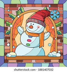 Vector illustration of snowball man inside window
