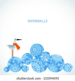 Vector illustration with snowballs and a bird in a red scarf. Place for your text. Christmas ornament  for invitations, greeting cards, brochures, magazines, leaflets.