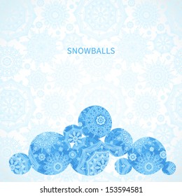 Vector illustration with snowballs on seamless winter background. Place for your text. Christmas ornament  for invitations, greeting cards, brochures, magazines, leaflets.