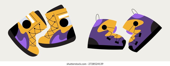 Vektorgrafik von Snowboardstiefeln. Wintersportschuhe für Snowboarden, Mountainbike-Reiten und Alpinresorts. Isoliertes Design für Sportgeräte, Ausrüstung und Outdoor-Aktivitätskonzepte
