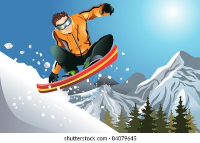 A vector illustration of a snowboarder in action