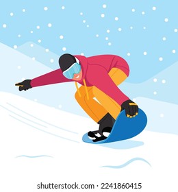 Vector illustration of snowboarder. Cartoon scene with a guy who rides from a snowy mountain on a snowboard.