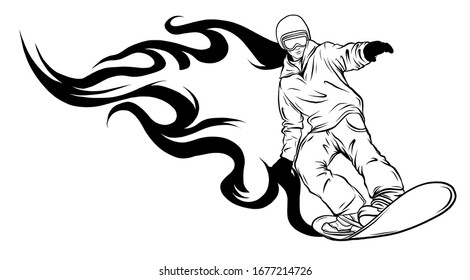 vector illustration of  snowboarder and flames