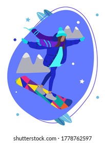 Vector illustration of snowboarder girl with scarf and in blue jeans. Winter sport. Skiing hill. Flat graphic. New year eve. Christmas time