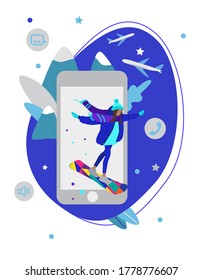 Vector illustration of snowboarder girl with scarf and in blue jeans. Winter sport application for travel. Skiing hill. Flat graphic. Mobile application