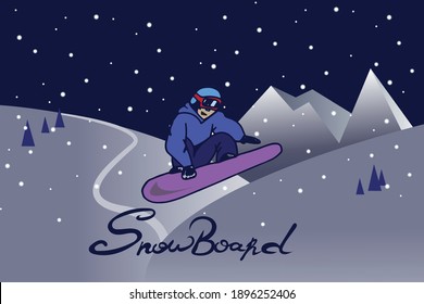 Vector illustration snowboarder goes down the mountain. Snowboard vector lettering. Mountain snow landscape. Extreme winter sport banner. Winter vacation. 