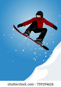 Vector illustration of snowboarder jumping against blue sky. Winter sport.