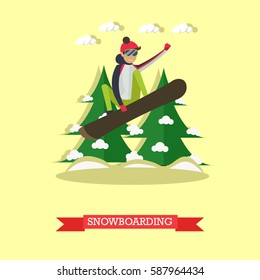 Vector illustration of snowboarder jumping. Cartoon character. Winter sports and recreation concept design element in flat style.