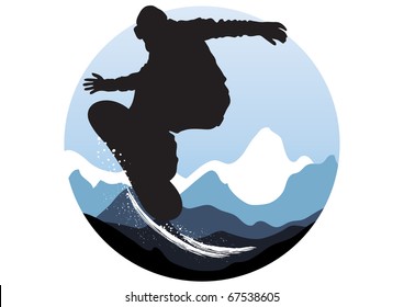 Vector illustration of snowboarder jumping on the background of mountains