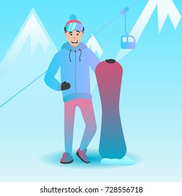 Vector illustration of a snowboarder. Male character holding snowboard. Man with extreme sports equipment. Winter landscape and ski resort.