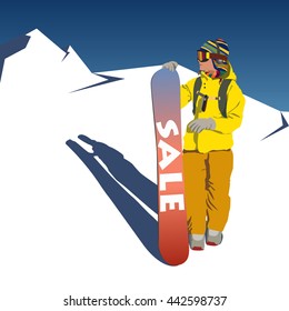 vector illustration of a snowboarder in the mountains. Inscription on the blackboard sale. Can be used as a postcard or brochure in advertising.