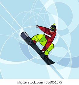 Vector illustration snowboarder in red and green dress on blue background. abstract image made with circles. winter sport