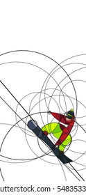 Vector illustration snowboarder in red and green dress on white background. abstract image made with circles. winter sport. Vertical composition