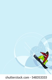 Vector illustration snowboarder in red and green dress on blue background. abstract image made with circles. winter sport. Vertical composition