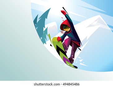 vector illustration of a snowboarder rider on a background of mountains. winter extreme sports. freestyle, freeride, tail block