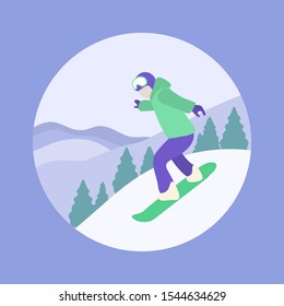 Vector illustration Snowboarder riding downhill, isolated on snow mountains background. Snowboarding. Enjoying winter sport outdoors. Healthy lifestyle. Design for website, presentation, poster, print