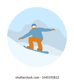 Vector illustration Snowboarder riding downhill, isolated on snow mountains background. Snowboarding. Enjoying winter sport outdoors. Healthy lifestyle. Design for website, presentation, poster, print