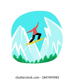 Vector illustration with snowboarder s pose in high jump. This is against the background of mountains and fir trees. Concept ski resort, winter, extreme sports.