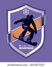 Ilustración vectorial de la silueta de snowboard en composición con emblema.