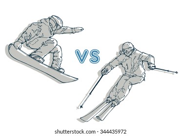 vector illustration of snowboarder and skier; competition