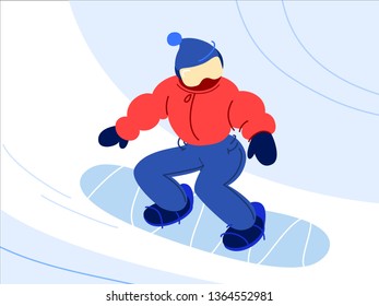 Vector illustration of a snowboarder. Snowboard on the snow. A man riding in a red jacket on the slope.