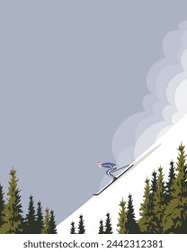 Vector illustration. Snowboarder, winter resort, mountains. Poster, banner, postcard, cover design. Tourism, winter holidays. Trips. svg