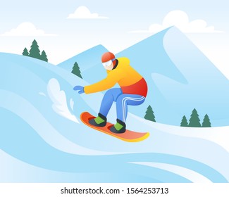 Vector illustration of snowboarder. Winter sport and recreation, Winter mountain sports activities