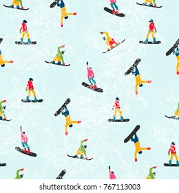 Vector illustration of snowboarders. Winter sport seamless pattern. Bright colors.