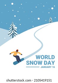 Vector illustration, snowboarding down a snowy hill, as a banner or poster, world snow day.