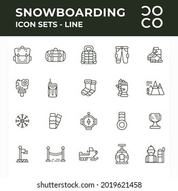 Vector illustration of Snowboarding gear guide icon sets. Outline style. Simple and minimalist. Suitable for use in applications, websites, social media, brochures, etc