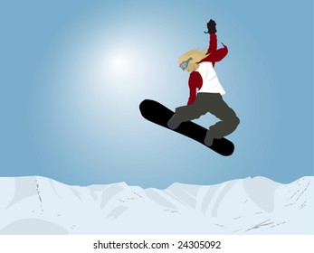 Vector illustration of snowboarding young men in sunny winter day