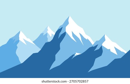 Ilustração vetorial de picos de montanha cobertas de neve contra um céu azul claro, criando uma paisagem serena de inverno.