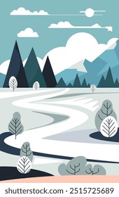 Una Ilustración vectorial de un camino cubierto de nieve serpenteando a través de montañas y bosques en invierno. El estilo es simple y plano.