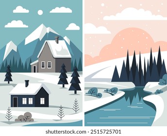 Una Ilustración vectorial de un río nevado que serpentea a través de un paisaje montañoso con árboles. El estilo es plano y minimalista.