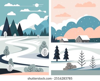 Ilustração vetorial de um rio coberto de neve que serpenteia através de uma paisagem de montanha com árvores. O estilo é plano e mínimo.