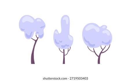 Una Ilustración vectorial de árboles cubiertos de nieve con siluetas nítidas, capas y acentos de nevadas suaves para escenas invernales.