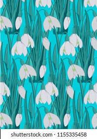 vector illustration, snowdrop bouquets on a blue background, seamless pattern