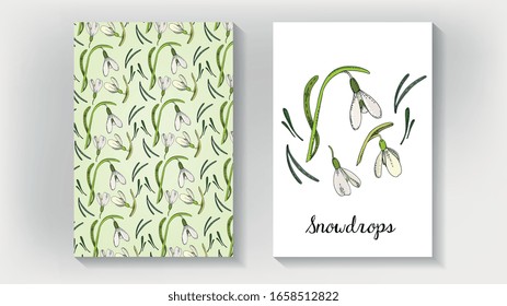 Vector Illustration of Snowdrops Flowers Card Template Sketch Style