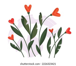 ilustración vectorial de gotas de nieve en forma de corazón, jardín encantado de flores mágicas, corazones de flores rojas