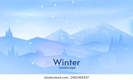 Vector illustration. Snowfall. Clear blue sky. Flat winter landscape. Snowy background. Snowdrift. Design for banner, invitation, wallpaper. 