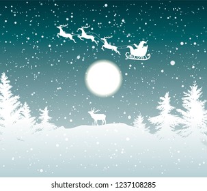 vector illustration of snowfall in the evergreen forest and Santa Claus flying over in the reindeer sleight, lone elk wathcing sky