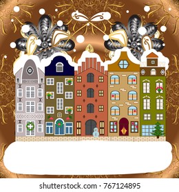 Vector illustration. Vector illustration. Snowfall on Christmas eve. Winter day in cosy town street scene. Buildings and facades. Classic European houses landscape with Christmas holiday decorations.